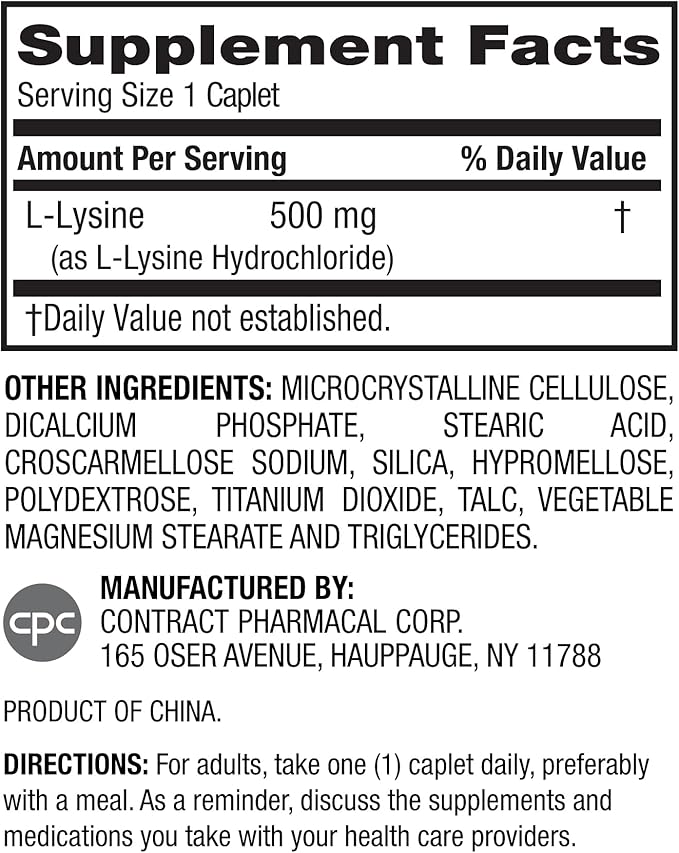 Earth's Splendor L-Lysine 500 mg Supplement for Men & Women, Supports Collagen & Tissue Maintenance (500 mg, 100 Caplets)