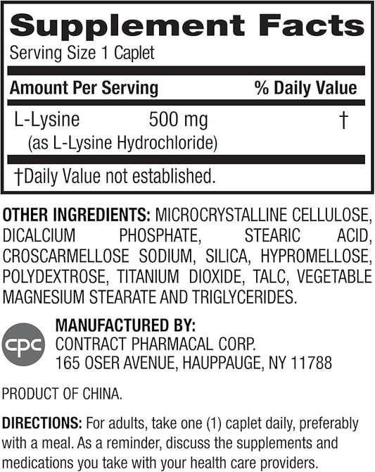 Earth's Splendor L-Lysine 500 mg Supplement for Men & Women, Supports Collagen & Tissue Maintenance (500 mg, 100 Caplets)