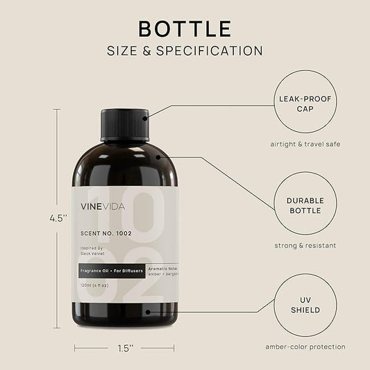 VINEVIDA [4 Fl Oz] Scent NO.1002 Inspired By Black Velvet Fragrance Oil For Cold Air Diffusers, Aromatic Notes of Amber Bergamot Rose, Essential Oils for Diffuser Oil Refill & Air Freshener Room Spray