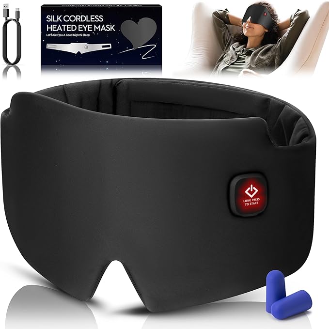 Silk Heated Eye Mask, 2000mAh Large Size Cordless Sleep Mask Warm Eye Compresses Electric Eye Heating Pad for Stye Blepharitis Dry Eyes Sinus Migraine Gifts for Men Woman (Black)