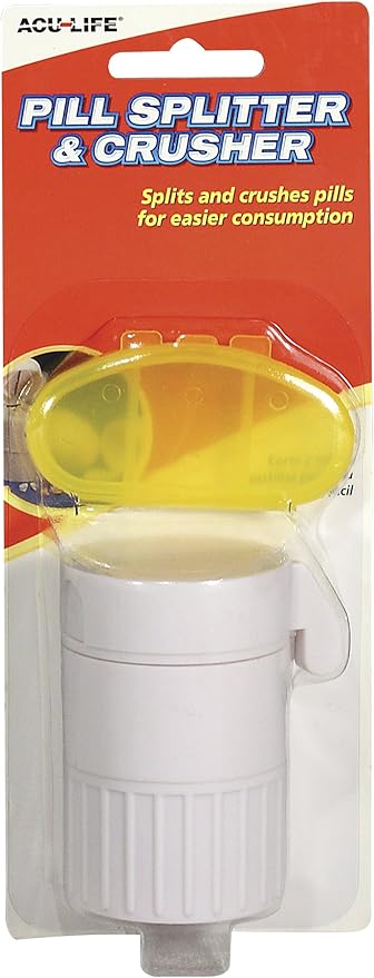 Pill Splitter and Crusher, Daily Usage, Safely Crushes Pills, Vitamins, Tablets, Accurate and Easy Consumption, Includes Storage Container, Travel Sized, White and Yellow, BPA Free