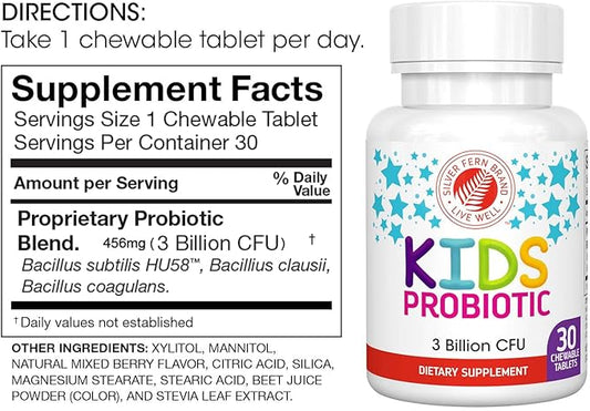 Silver Fern Brand Kids Ultimate Probiotic - 4 Bottles - 30 Chewable Tablets Each - Sugar & Gluten Free - Children's Dietary Supplement - DNA & Survivability Verified - Digestive & Immune Support