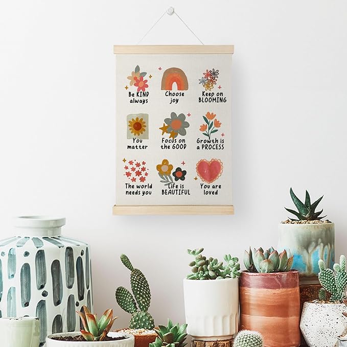 Nrleey Positive Affirmations Wall Decor with Wooden Poster Hanger - Therapy Office Decor, Boho Floral Mental Health Wall Art Posters for Girls Room Bedroom Home, 12x16 Inch