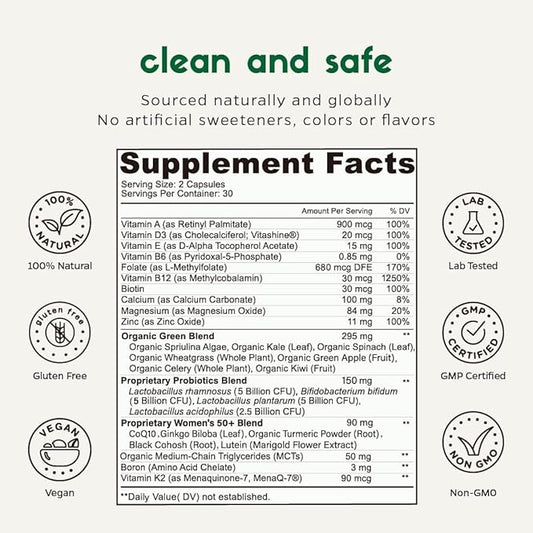Multivitamin for Women 50 Plus, PMS Relief, Skin, Hair & Nails, Supports Joint & Bone, Heart Health, Eye Health, Turmeric, Coq10, Ginkgo, Lutein, Black Cohosh, Vitamins B6, B12, D3, K2 (60Ct)