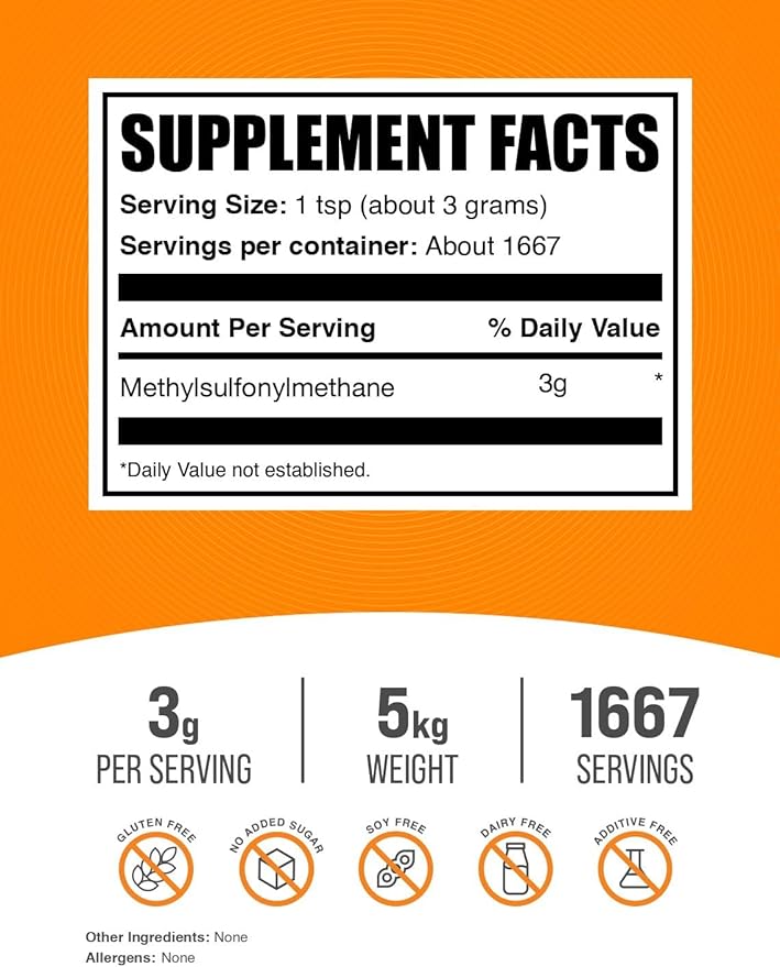 BulkSupplements.com MSM Powder - Methylsulfonylmethane, MSM Supplement - MSM Pure Powder, MSM 3000mg - for Joint Health, Gluten Free, 3000mg per Serving, 5kg (11 lbs) (Pack of 5)