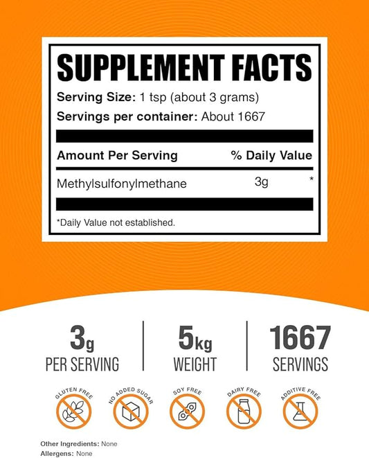 BulkSupplements.com MSM Powder - Methylsulfonylmethane, MSM Supplement - MSM Pure Powder, MSM 3000mg - for Joint Health, Gluten Free, 3000mg per Serving, 5kg (11 lbs) (Pack of 5)