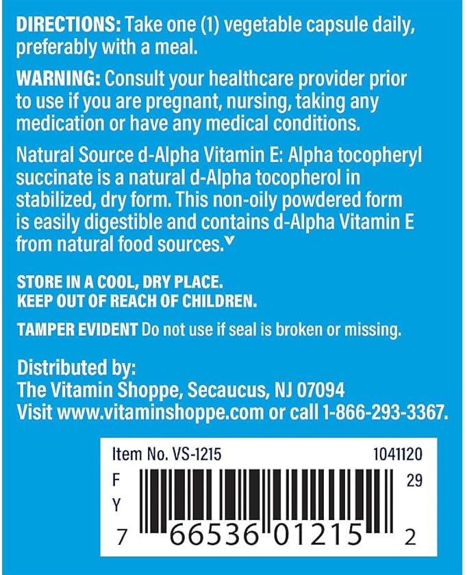 The Vitamin Shoppe Vitamin E Dry 400IU - Natural Source, Supports Healthy Cardiovascular System, Immune Health & Eye Health - Once Daily (100 Capsules)