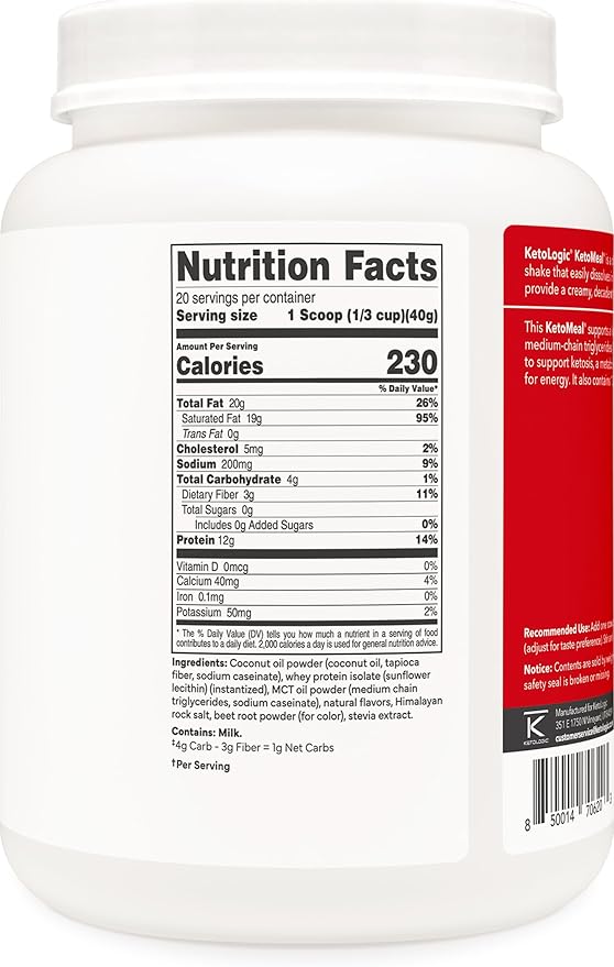 KetoLogic Keto Meal Replacement Shake Powder For Optimal Results + MCT Oil + Grass-Fed Whey - Perfectly Formulated Macros for Ketosis - 20 Servings - Strawberry