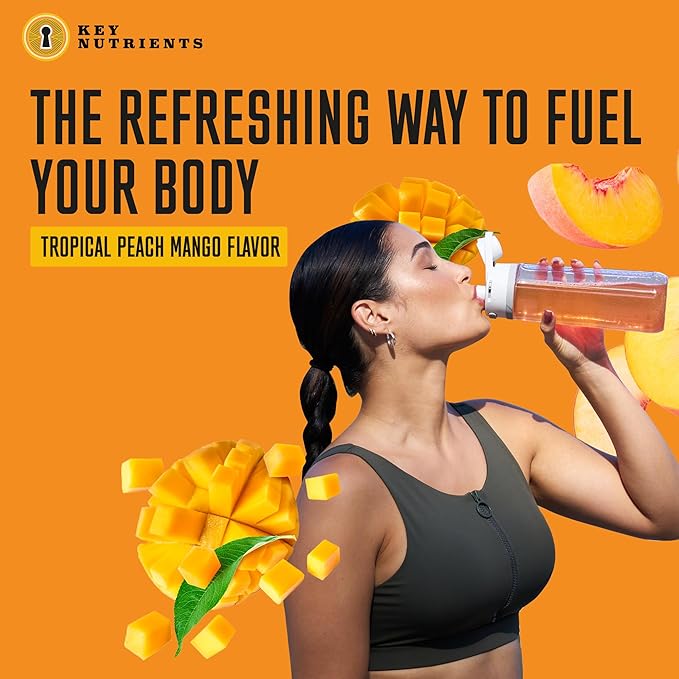 KEY NUTRIENTS Energy Drink Powder with Electrolytes No Sugar - Endurance & Energy Supplement - 125mg Natural Caffeine Powder, 2000mg Taurine, 5mg Zinc - Tropical Peach Mango Energy Powder Drink Mix