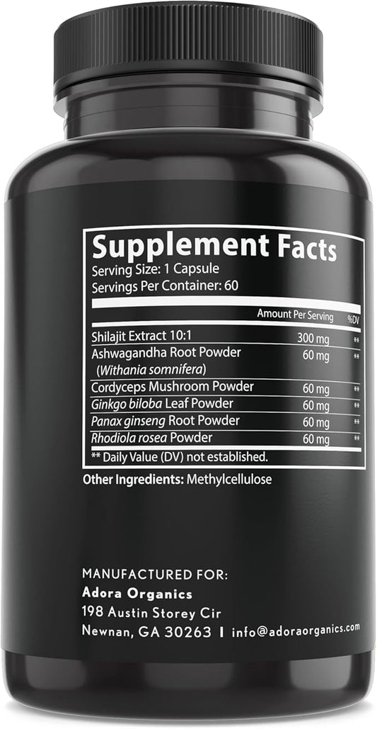 6-in-1 Shilajit Supplement 300mg, Mood and Energy Support Supplement with 60mg Pure Ashwagandha, Rhodiola Rosea Panax Ginseng for Immune Support, Memory and Focus, 85+ Trace Minerals, 60 Capsules