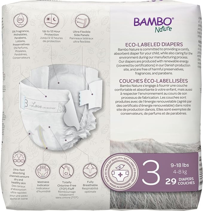 Bambo Nature Hypoallergenic Baby Diapers, Eco-Labelled Sustainable Diapers, Enhanced Leakage Protection, Totally Chlorine-free, Skin Friendly, and Super Absorbent - Size 3 (174 Count)