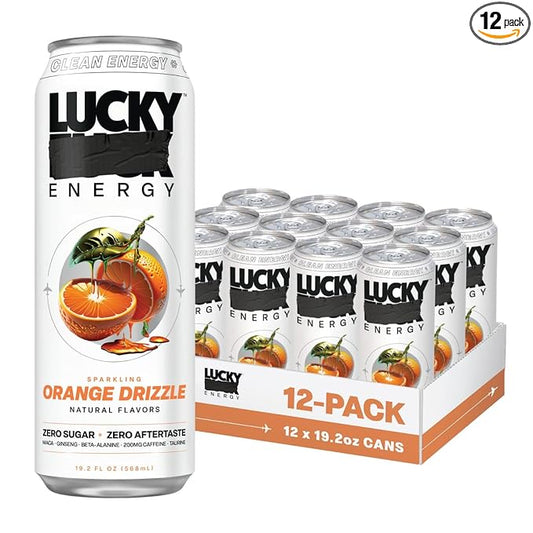 Lucky Energy Sugar Free Energy Drinks 19.2 Fl Oz Cans (Pack of 12) Healthy Energy Drink. Orange Drizzle with Maca, Ginseng, Taurine, Beta-Alanine, 200mg Caffeine (Packaging May Vary)