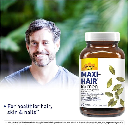 Country Life Maxi-Hair for Men - 2000mcg Biotin, Saw Palmetto, Pumpkin Seed Oil, DIM, Potassium, Magnesium, Calcium & Zinc Blend - Supports Healthier Hair, Scalp, Skin & Nails, 60 Vegan Capsules