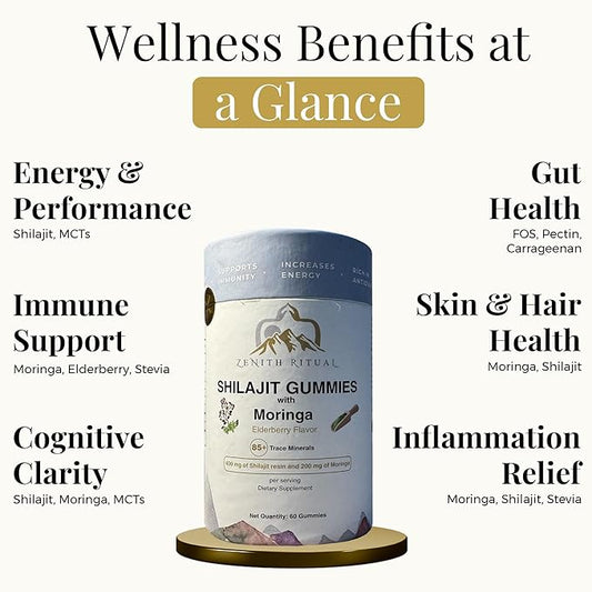 Pure Himalayan Shilajit and Moringa Gummies – Boost Energy, Focus & Vitality – 75% Fulvic Acid – 100% Vegan, Gluten-Free, No Added Sugar – 60 Gummies