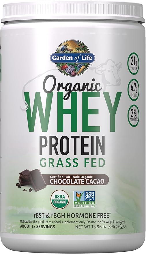 Garden of Life Whey Protein Powder Chocolate Cacao Flavor - 21g Certified Organic Grass Fed Protein for Women & Men + Probiotics - 12 Servings - Gluten Free, Kosher, RBST & rBGH Hormone Free