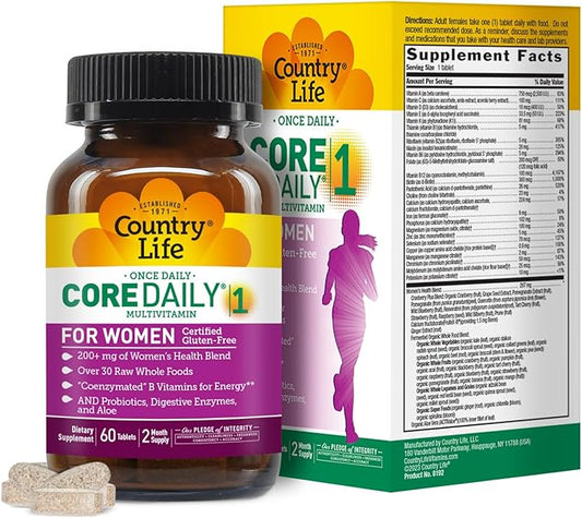 Country Life Women’s Core 1 Daily Multivitamin with Iron, Cranberry, Probiotics, and Digestive Enzymes-Certified Gluten-Free Formula for Energy, Immune Support and Complete Digestive Health,60 Tablets