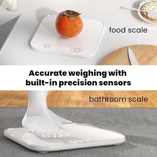 Kitchen and Bathroom Bundle-Digital food scale for Ounces and Grams11lb,Slim body weight Scale 400lb,Tempered glass,touch button LCD display,Precise Weight Measuring and Portion Control,white
