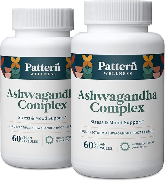 Pattern Wellness Ashwagandha Complex for Men & Women - KSM-66 & Black Pepper Extract - Whole Body & Heart Health - Supports Stress & Mood - Non-GMO - 120 Vegan Capsules