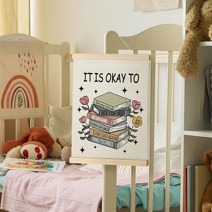 Nrleey It Is Okay to Mental Health Wall Decor with Wooden Poster Hanger - Therapy Office Decor, Inspirational Motivational Wall Art Posters for School Counselor Therapist Office, 12x16 Inch