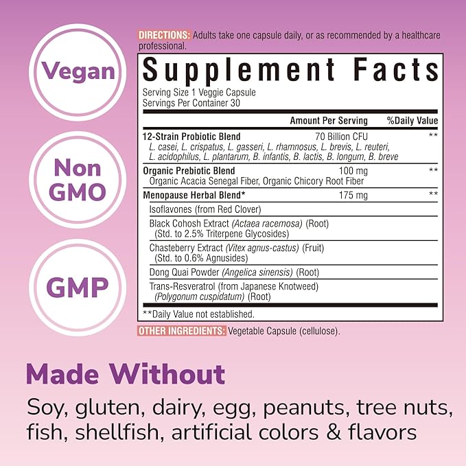 Menopause Probiotics for Women 70 Billion CFU, 12 Targeted Strains, Organic Prebiotics, Black Cohosh Resveratrol Red Clover Chasteberry Dong Quai, Hot Flash Night Sweat+, No Estrogen, 30 Ct