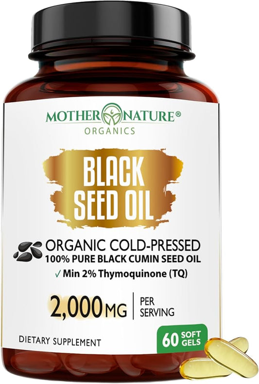Organic Turkish Black Seed Oil Capsules, Premium Cold Pressed, High TQ, 1 Month Supply, Non-GMO Black Cumin Nigella Sativa Oil for Immune Support, Joint, Digestive Health, 1000mg per Capsule, 60ct