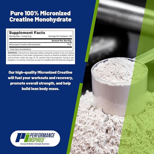 PERFORMANCE INSPIRED Nutrition Micronized Creatine Monohydrate – 100% Pure, Unflavored – 5G Per Serving – 100 Servings – 1.1 LB