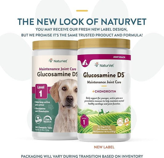 NaturVet – Glucosamine DS - Level 1 Maintenance Care | Preventative Care to Maintain Healthy Cartilage & Joint Function | Enhanced with Glucosamine & Chondroitin | for Dogs & Cats (240 Tablets)