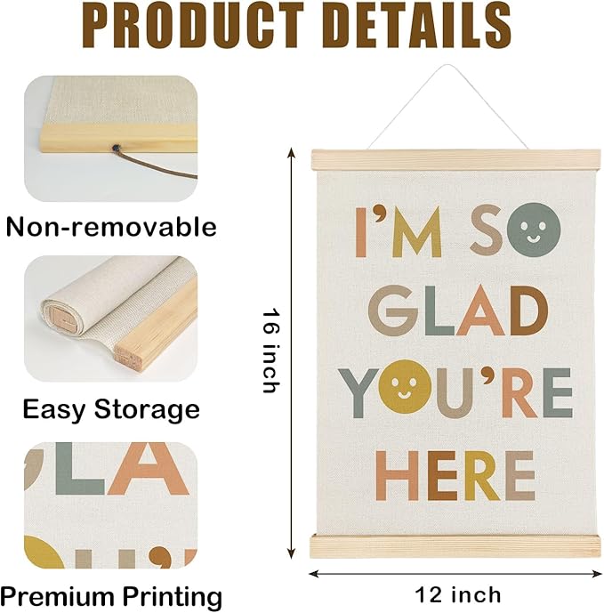 Nrleey I'm So Glad You're Here Wall Decor with Wooden Poster Hanger - Boho Classroom Decor, Positive Affirmations Motivational Wall Art Posters for Classroom, Teacher Gifts, 12x16 Inch