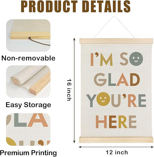 Nrleey I'm So Glad You're Here Wall Decor with Wooden Poster Hanger - Boho Classroom Decor, Positive Affirmations Motivational Wall Art Posters for Classroom, Teacher Gifts, 12x16 Inch