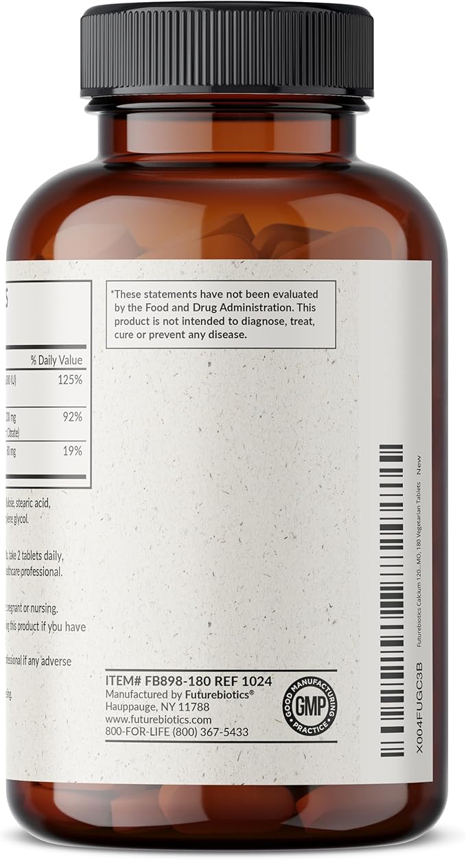 Futurebiotics Calcium 1200 MG Per Serving Sustained Release with Vitamin D3 1000 IU Per Serving Non-GMO, 180 Vegetarian Tablets