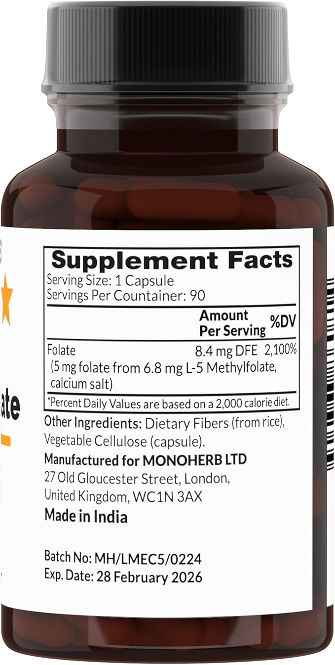L-Methylfolate 5-MTHF 5 mg - 90 Vegetarian Capsules - Methyl Folate Supplement