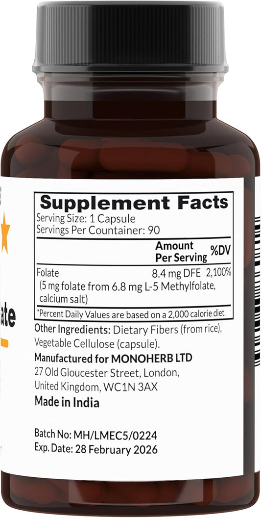 L-Methylfolate 5-MTHF 5 mg - 90 Vegetarian Capsules - Methyl Folate Supplement