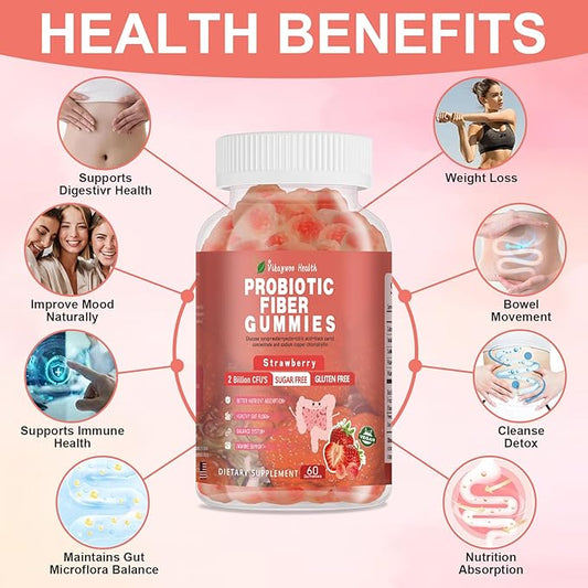 Probiotic Fiber Gummies for Adults, No Sugar Added Strawberry Flavor– 2 Billion CFUs –Vitamin C,Vitamin D–Digestive Health & Regularity Support(120 Count)