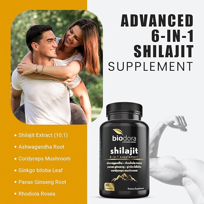 6-in-1 Shilajit Supplement 300mg, Mood and Energy Support Supplement with 60mg Pure Ashwagandha, Rhodiola Rosea Panax Ginseng for Immune Support, Memory and Focus, 85+ Trace Minerals, 60 Capsules
