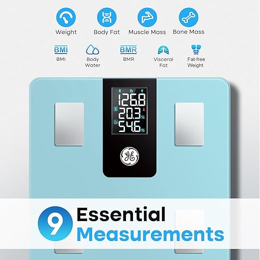GE Smart Scale for Body Weight: Digital Bathroom Scale with BMI Fat Muscle Mass Bluetooth Body Composition Monitor Large LCD Display Weighing 396lbs Blue