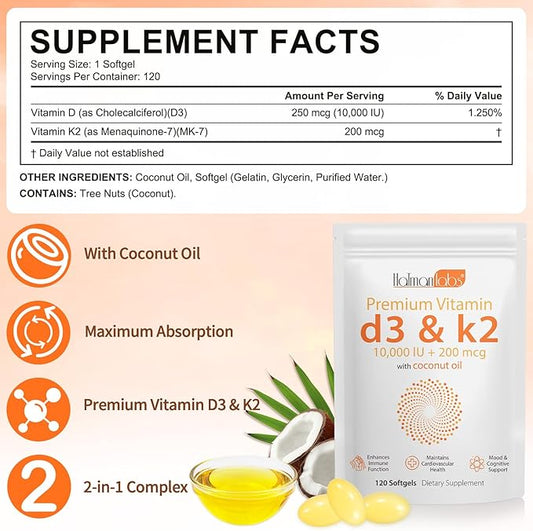 2 Bag Vitamin D3 K2 Supplement Softgel, Vitamin D3 K2 Softgel with 10000 IU Supports Immune, Heart, Teeth & Bone Health, Free of GMO, Gluten, Soy