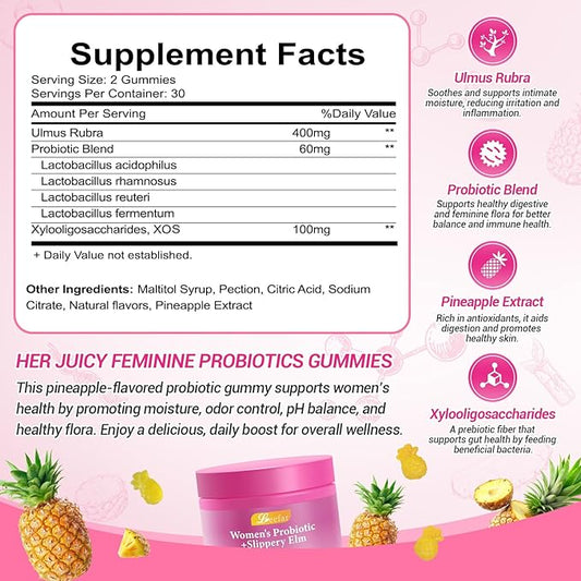 Her Juicy Feminine Probiotics Gummies, Premium Feminine Balance Gummies with Slippery Elm for Women's pH Balance and Freshness - Women Probiotic Pineapple Gummies 30-Day Supply