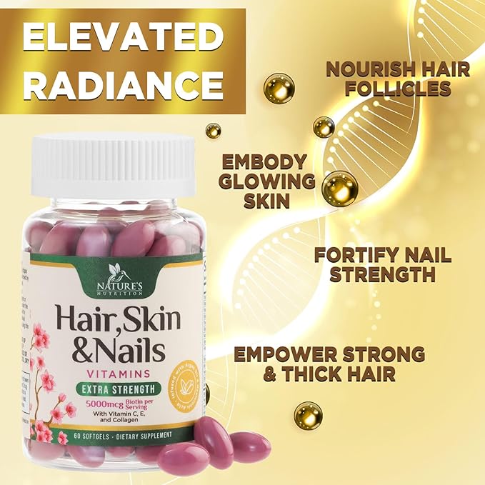 Hair Vitamins Biotin 5000 mcg Collagen for Hair Skin and Nails Vitamin Nature's, Supports Supplement Fast Fuller Thicker Healthy Growth Support, with Hyaluronic Acid Women & Men, Non-GMO, 60 Softgels