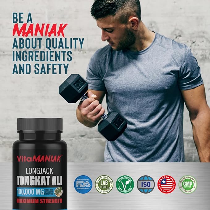 Longjack Tongkat Ali Capsules for Men, Root Extract & Turkesterone, Herbal Supplement for Men's Health & Muscle Growth, Dietary, High Potency 100:1 Extract 1000mg Per Serving, 60 Capsules