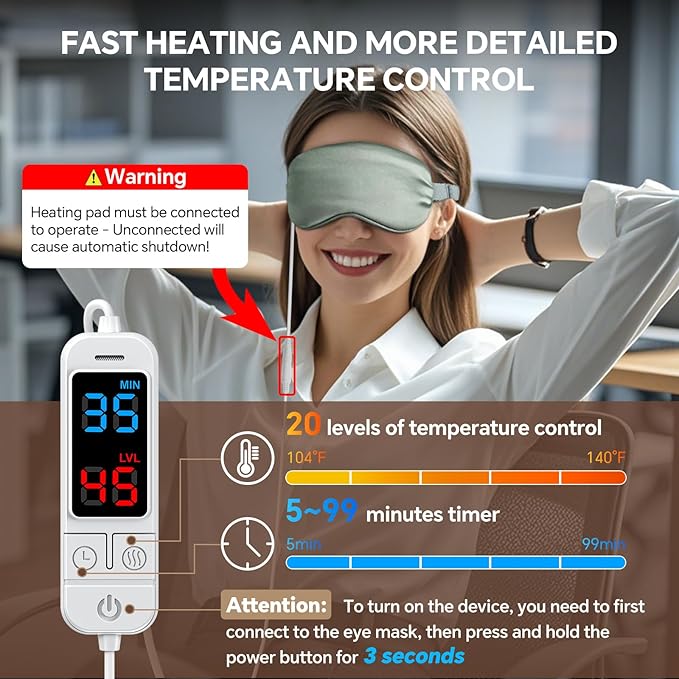 Heated Eye Mask for Dry Eyes, USB Warm Compress with Temperature & Timer Control, Electric Eye Heating Pad for Stye, Chalazion, Blepharitis, MGD, Puffiness, Dark Circles & Eye Strain Relief