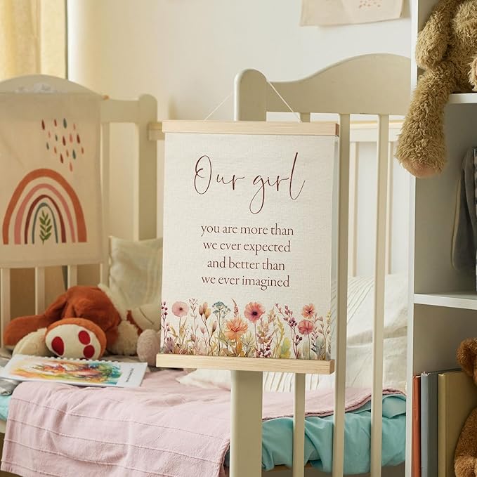 Nrleey Girl Nursery Wall Decor with Wooden Poster Hanger - Baby Girls Room Decor, Our Girl Inspirational Wall Art Posters for Toddler Little Girls Room Bedroom Playroom,12x16 Inch