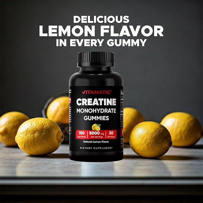 Vitamatic Creatine Gummies 5000mg per Serving Natural Lemon Flavor – 150 Gummies – Creatine Monohydrate for Muscle Strength, Energy & Recovery – Non-GMO, Gluten-Free