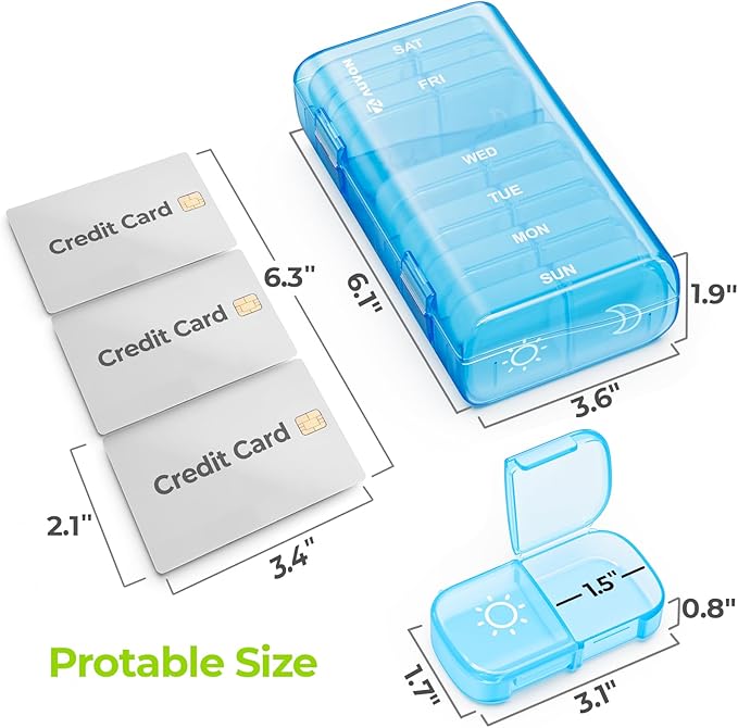 AUVON XL Weekly Pill Organizer 2 Times a Day, Pill Box 7 Day with One-Side Large Openings for Easy to Use, Blue AM PM Pill Case for Medication, Vitamins, Fish Oils, Supplements