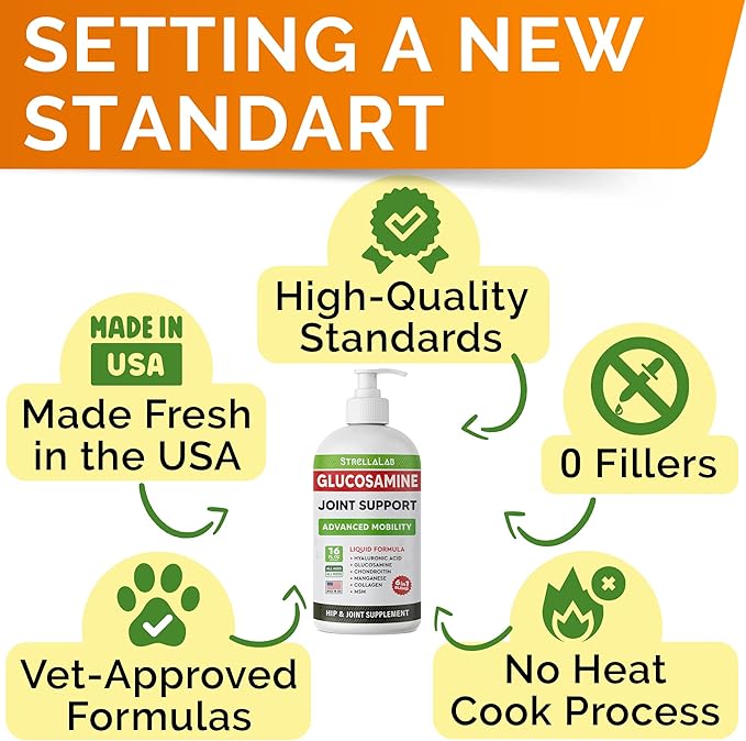 STRELLALAB Liquid Glucosamine for Dogs (16 OZ) - All-Natural Hip & Joint Supplement, Glucosamine Chondroitin Liquid, MSM & Collagen for Dogs Mobility, Joint Pain Relief for Small & Large