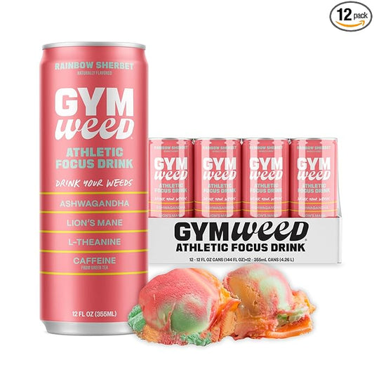 GYM WEED Athletic Focus Drink with KSM-66 Ashwagandha, Lion's Mane Mushroom, L-Theanine, 200mg Green Tea Caffeine with Natural Sweeteners Rainbow Sherbet Flavor, 12 Pack
