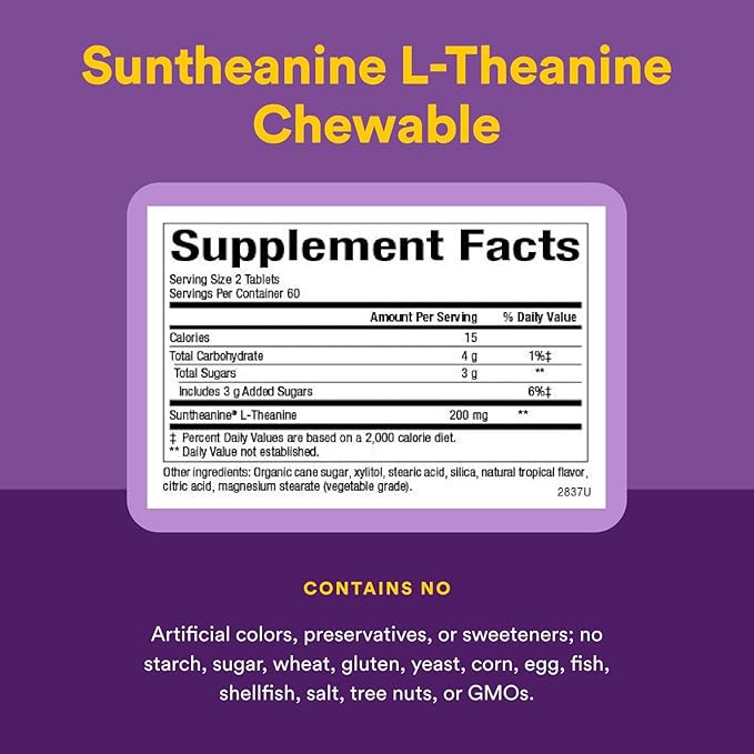Natural Factors Stress-Relax Chewable Suntheanine L-Theanine 100 mg, Non-Drowsy Stress Support for Mental Calmness and Relaxation, Tropical Fruit Flavor, 60 Tablets