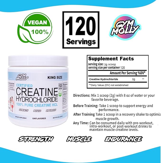 Gym Molly Creatine Hydrochloride (HCL) Powder, Highly Soluble Creatine Hydrochloride, Unflavored, Vegan, Workout Supplement for Men and Women, Muscle Builder Creatine Supplement (King Size)
