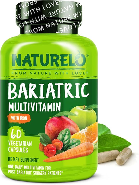 NATURELO Bariatric Multivitamin - One Daily with Iron - Supplement for Post Gastric Bypass Surgery Patients - Natural Whole Food Nutrition - 60 Veggie Capsules