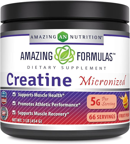 Amazing Formulas Micronized Creatine Monohydrate Powder Supplement | 5000 mg Per Serving | Ideal Pre & Post Workout Supplement | Made in USA (1 LB, Fruit Punch)