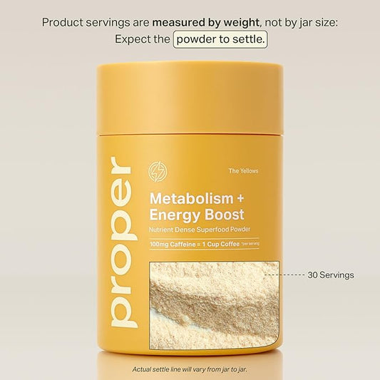 Proper, The Yellows Metabolism and Energy Boost, Sugar Free Energy Drink Powder with 100mg Caffeine. No Creatine or Beta-Alanine. 30 Servings, Pineapple Mango Drink Mix for Men and Women